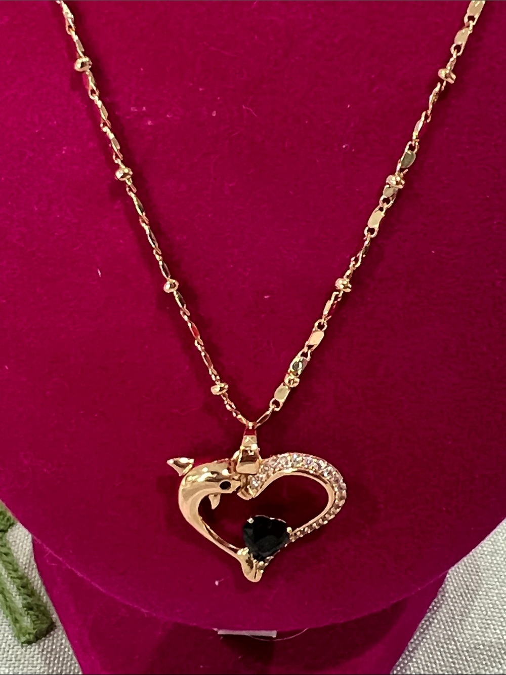 Gold Heart Dolphin Pendant Necklace with Black Stone